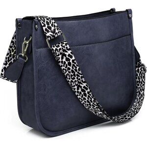 💫 Women Blue Leather Crossbody Bag Vegan Guitar Strap Zipped Pockets Handbag